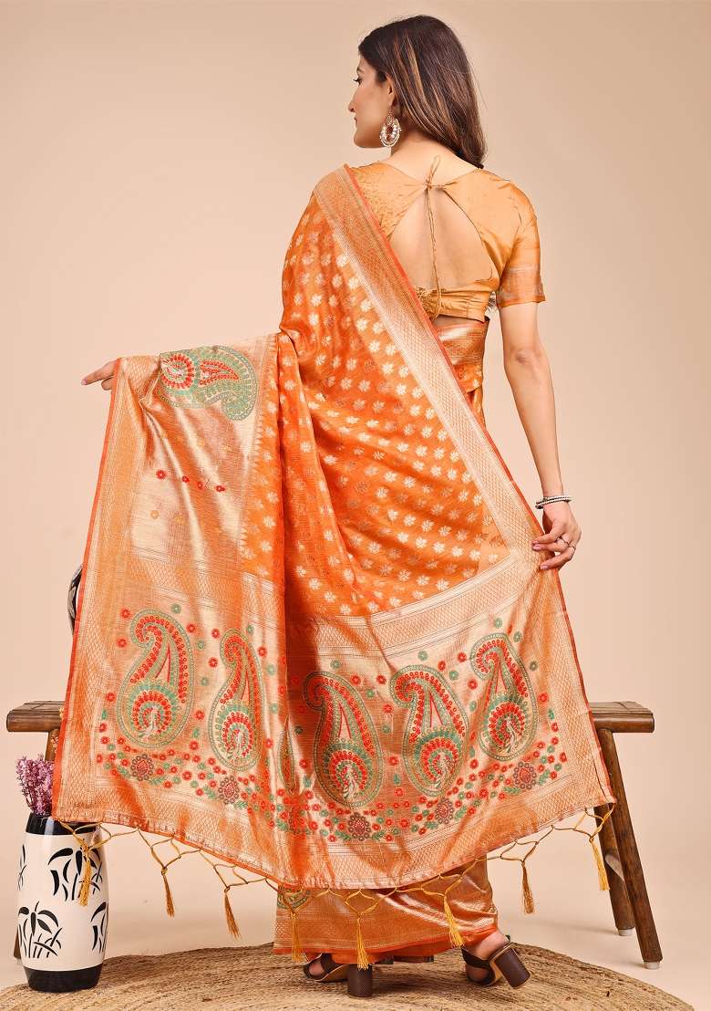 Mustard Yellow Woven Cotton Blend Saree Set - Indya