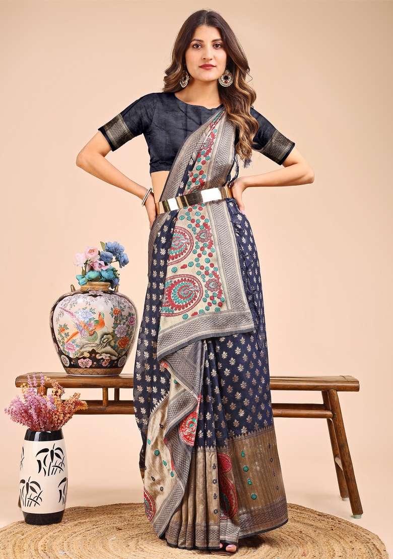 Navy Blue Woven Cotton Blend Saree Set - Indya