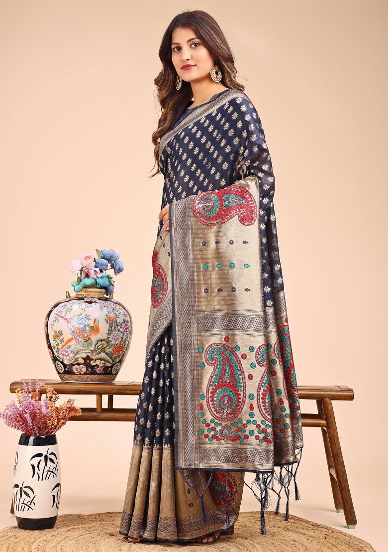 Navy Blue Woven Cotton Blend Saree Set