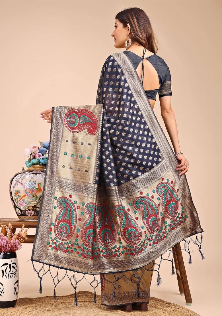 Navy Blue Woven Cotton Blend Saree Set - Indya