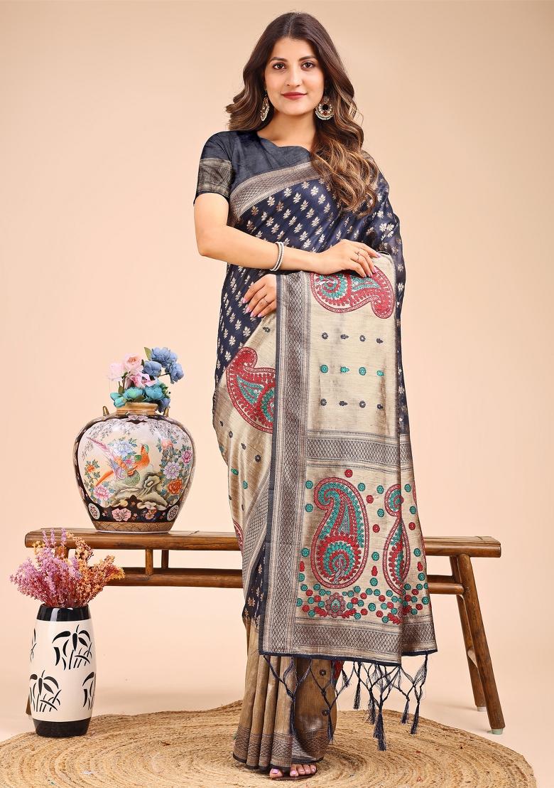 Navy Blue Woven Cotton Blend Saree Set