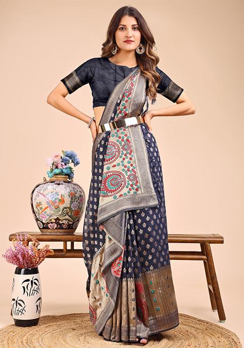 Navy Blue Woven Cotton Blend Saree Set