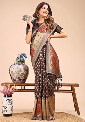 Brown Woven Cotton Blend Saree Set