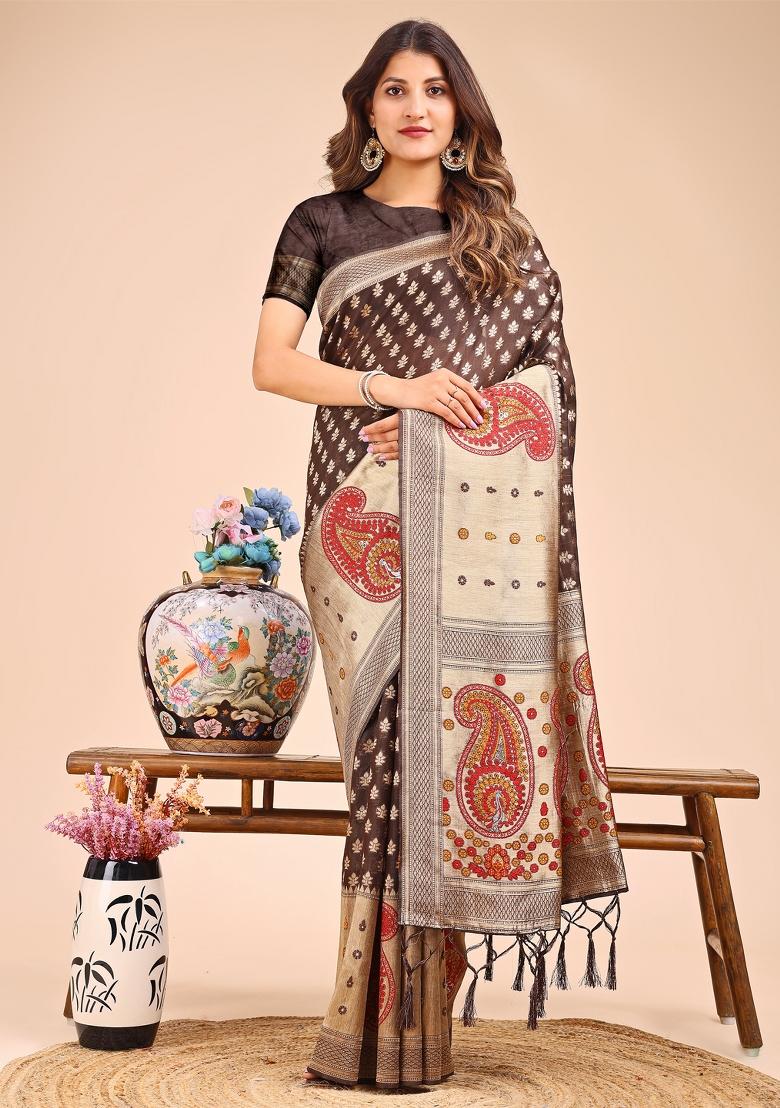 Brown Woven Cotton Blend Saree Set