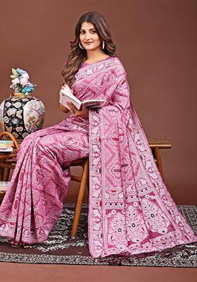 Pink Woven Cotton Blend Saree Set