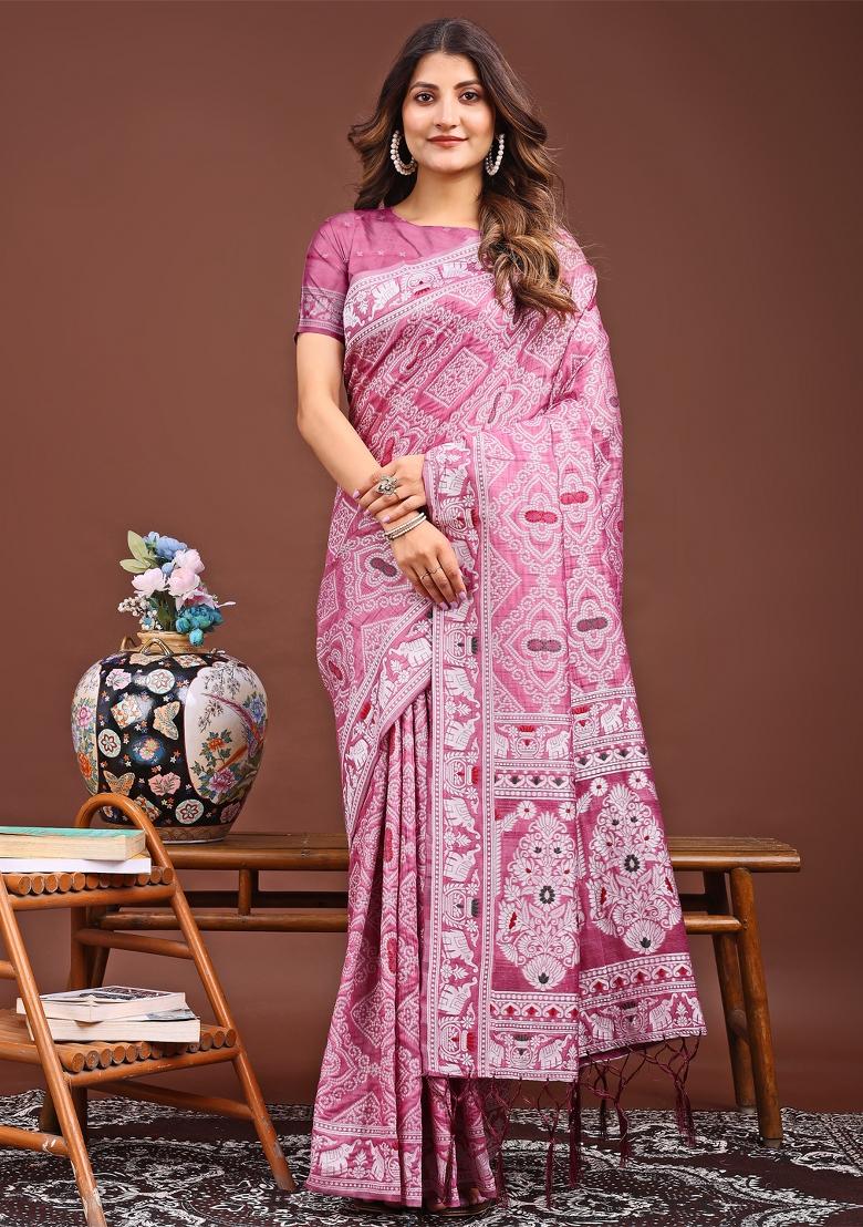 Pink Woven Cotton Blend Saree Set