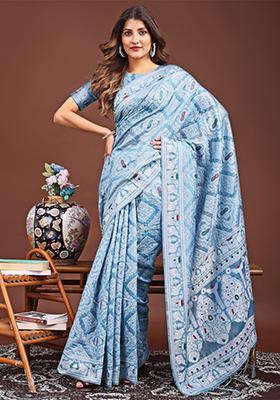 Sky Blue Woven Cotton Blend Saree Set