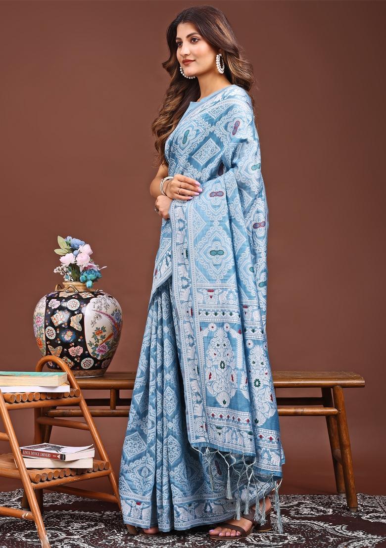 Sky Blue Woven Cotton Blend Saree Set