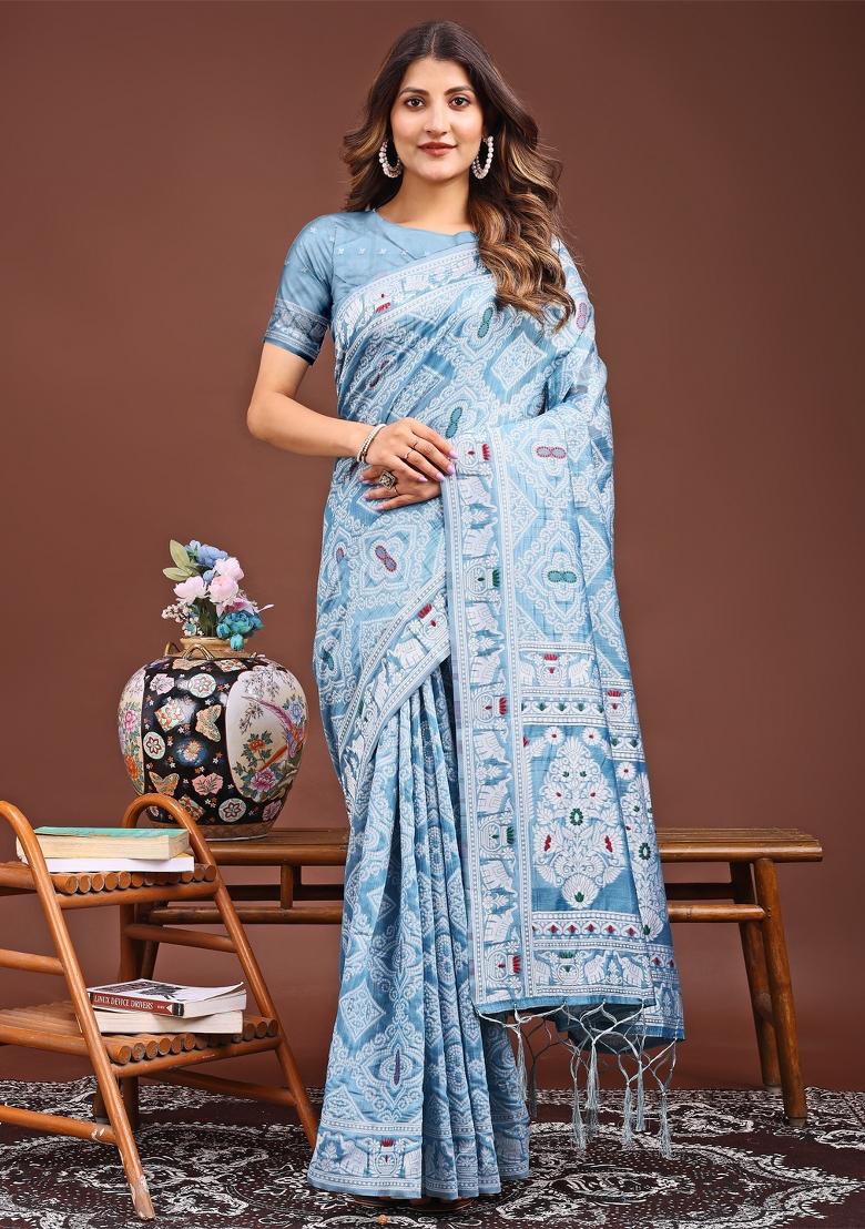 Sky Blue Woven Cotton Blend Saree Set