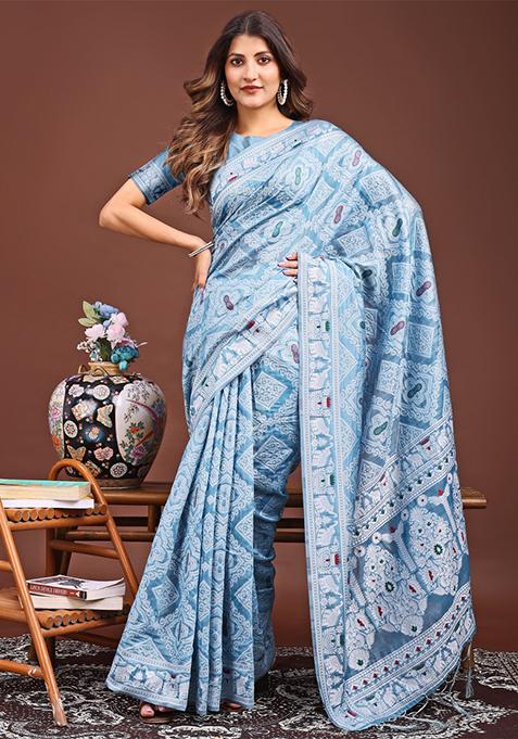 Sky Blue Woven Cotton Blend Saree Set