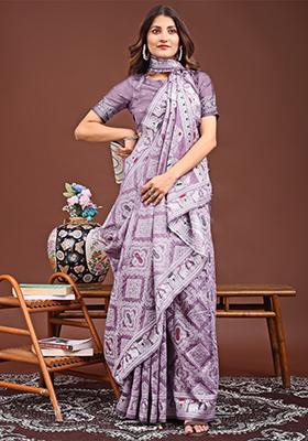 Purple Woven Cotton Blend Saree Set