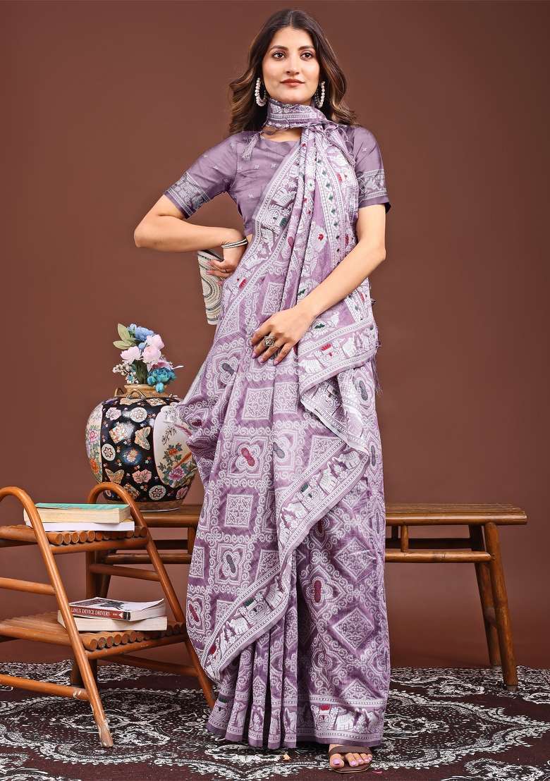 Purple Woven Cotton Blend Saree Set - Indya