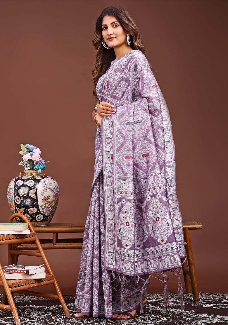 Purple Woven Cotton Blend Saree Set