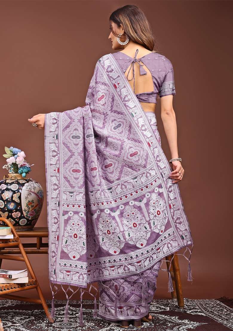 Purple Woven Cotton Blend Saree Set - Indya