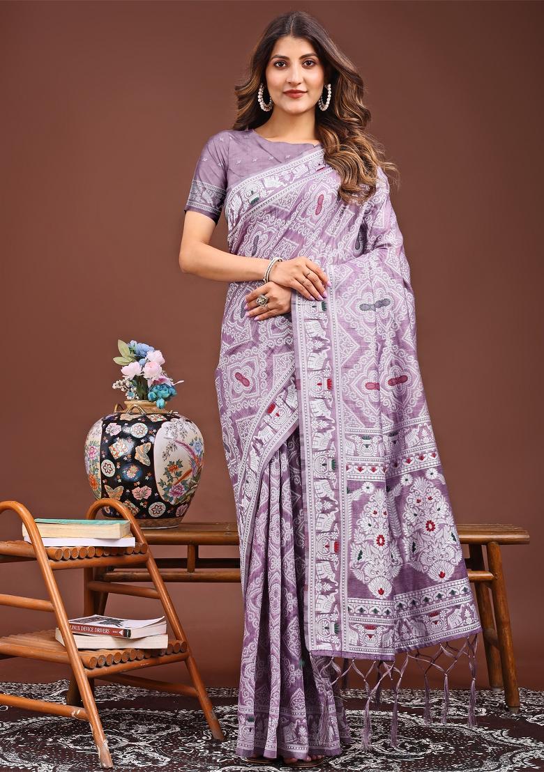 Purple Woven Cotton Blend Saree Set