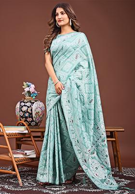 Sea Green Woven Cotton Blend Saree Set