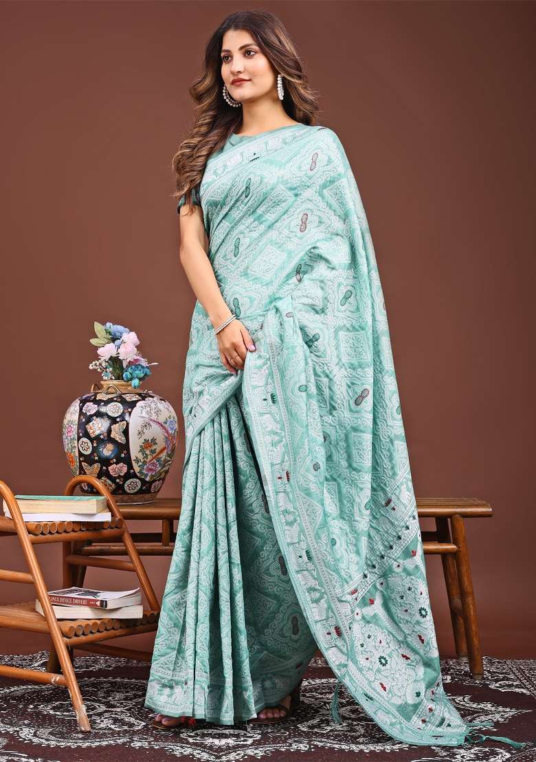Sea Green Woven Cotton Blend Saree Set - Indya