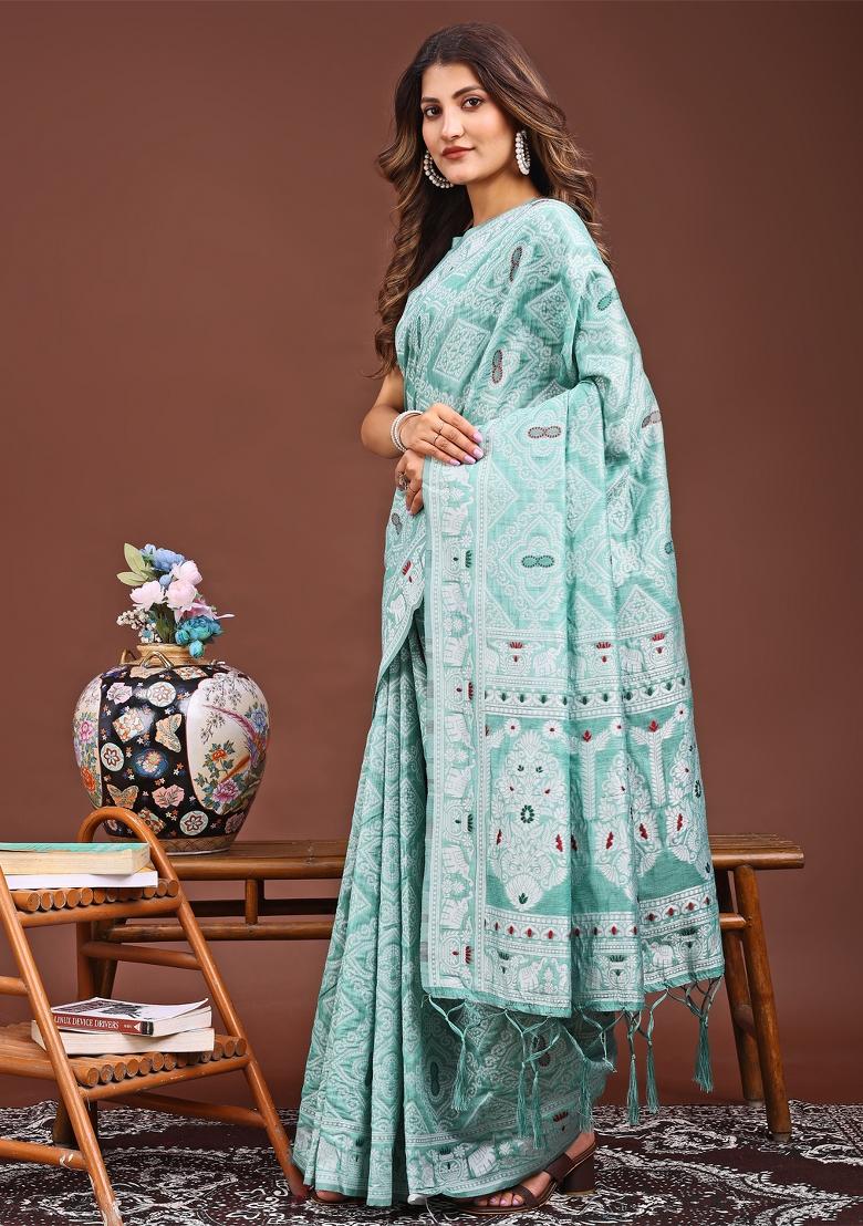 Sea Green Woven Cotton Blend Saree Set