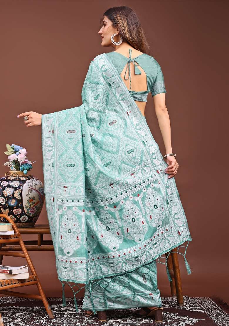 Sea Green Woven Cotton Blend Saree Set - Indya
