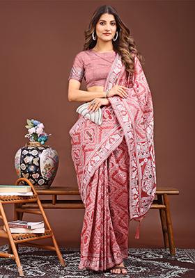 Peach Woven Cotton Blend Saree Set
