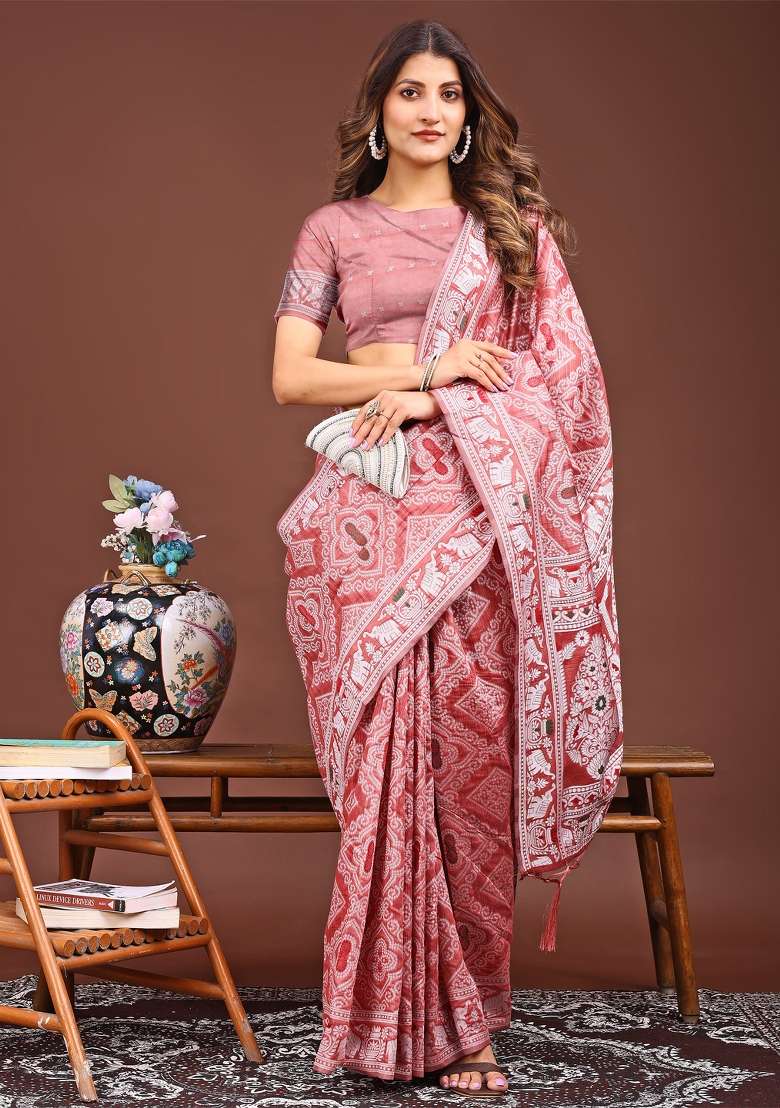 Peach Woven Cotton Blend Saree Set - Indya