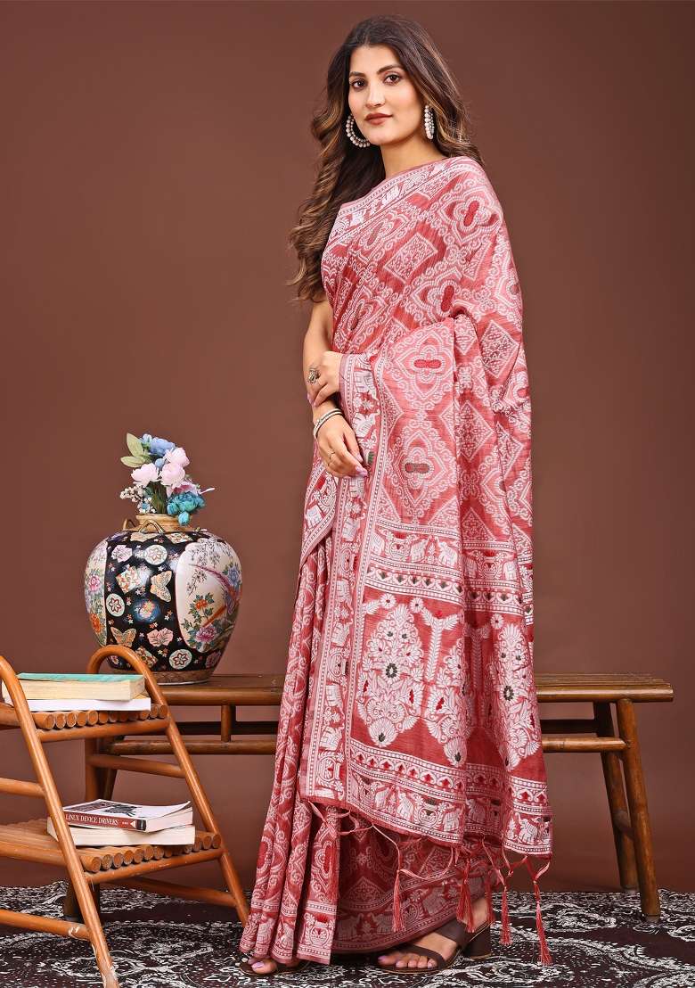 Peach Woven Cotton Blend Saree Set - Indya