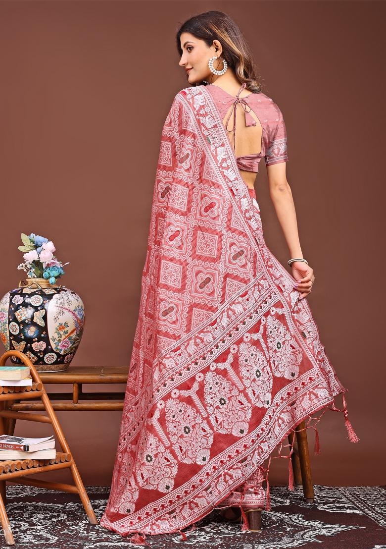 Peach Woven Cotton Blend Saree Set