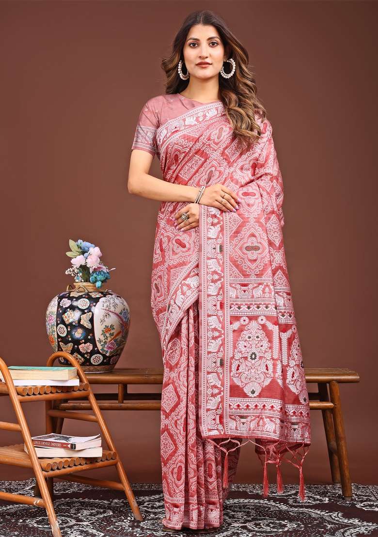 Peach Woven Cotton Blend Saree Set - Indya