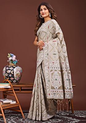Brown Woven Cotton Blend Saree Set
