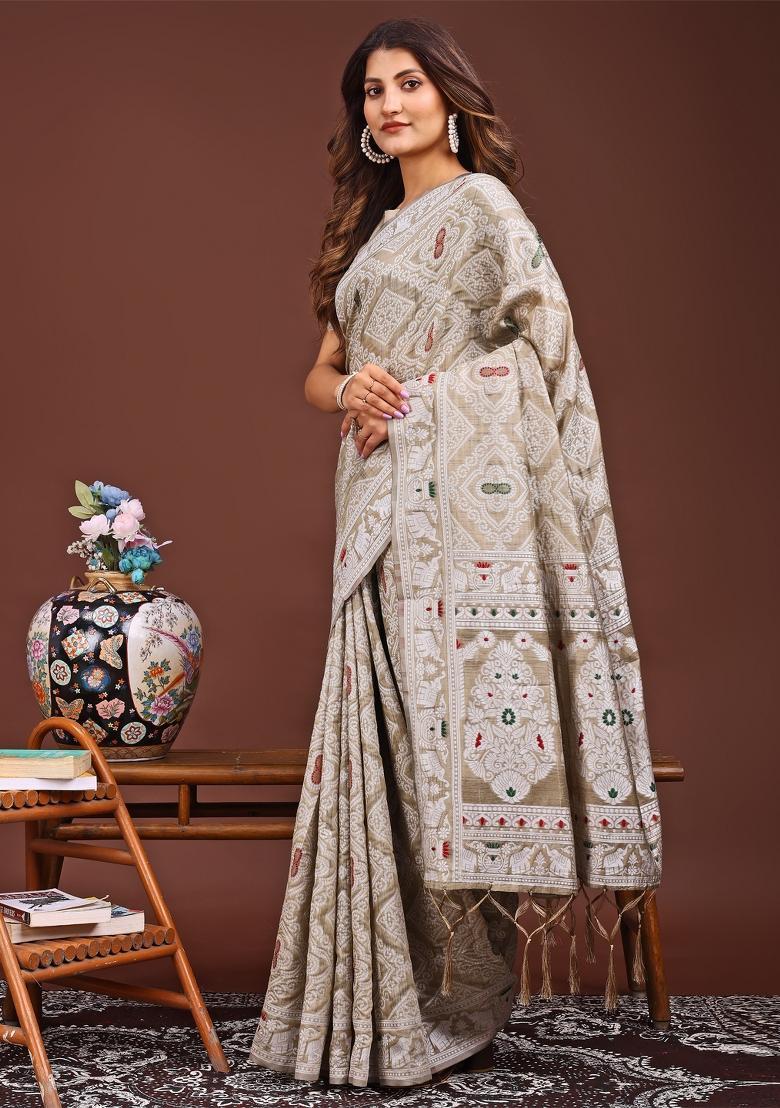 Brown Woven Cotton Blend Saree Set
