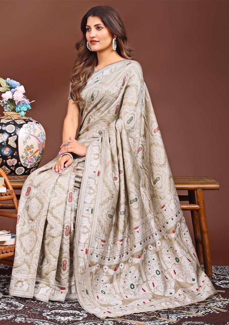 Brown Woven Cotton Blend Saree Set