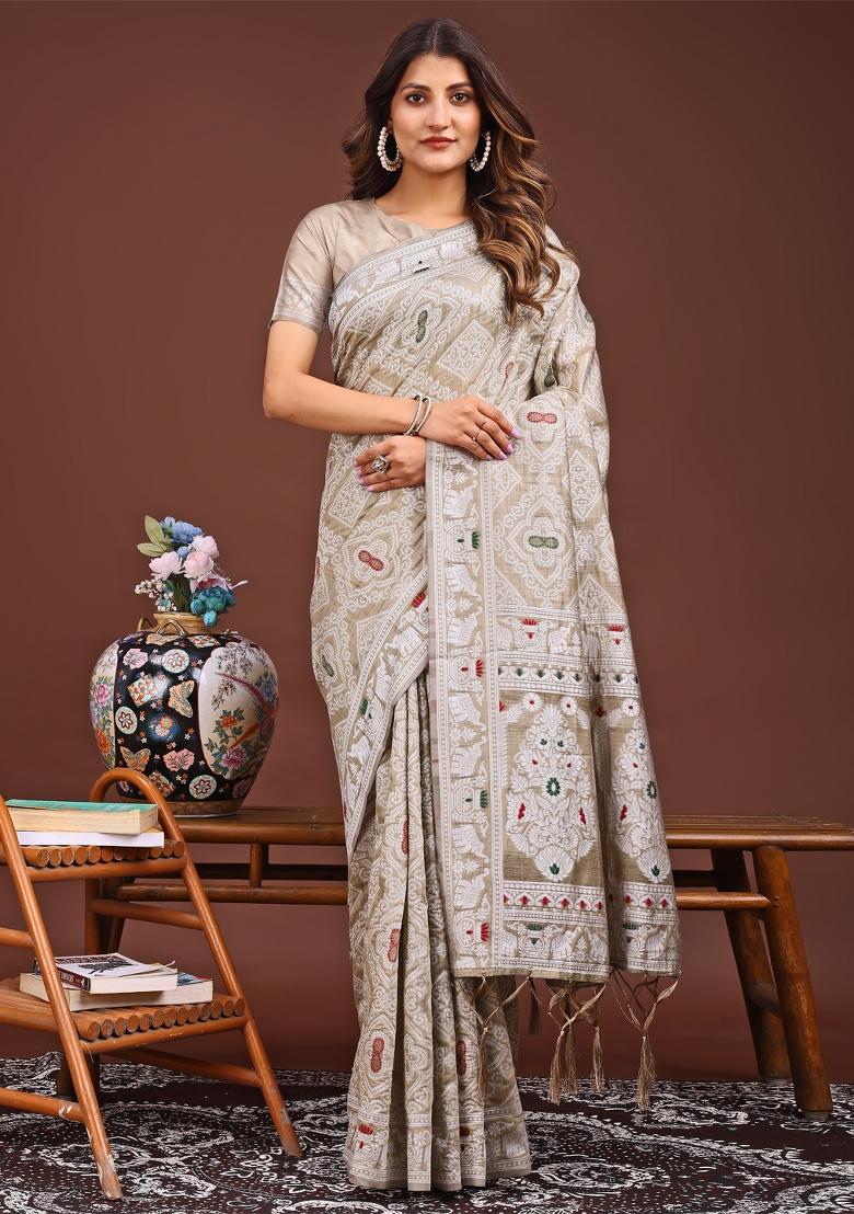 Brown Woven Cotton Blend Saree Set
