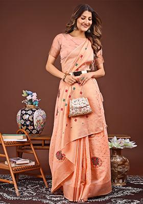 Peach Woven Cotton Blend Saree Set