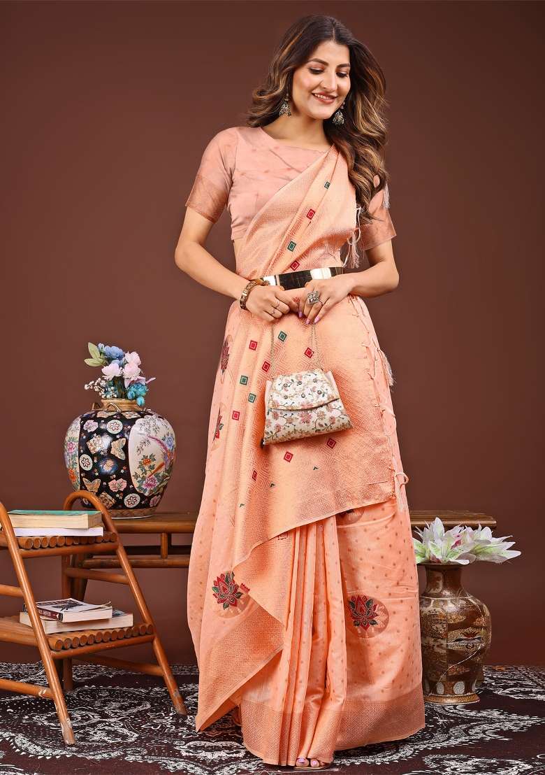 Peach Woven Cotton Blend Saree Set - Indya