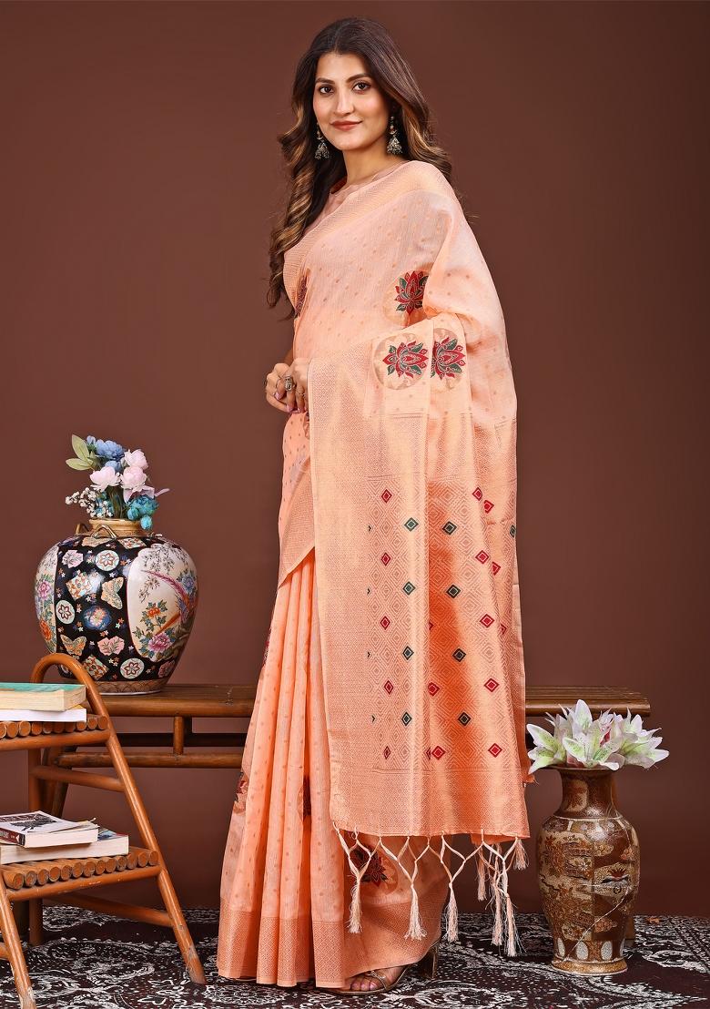 Peach Woven Cotton Blend Saree Set