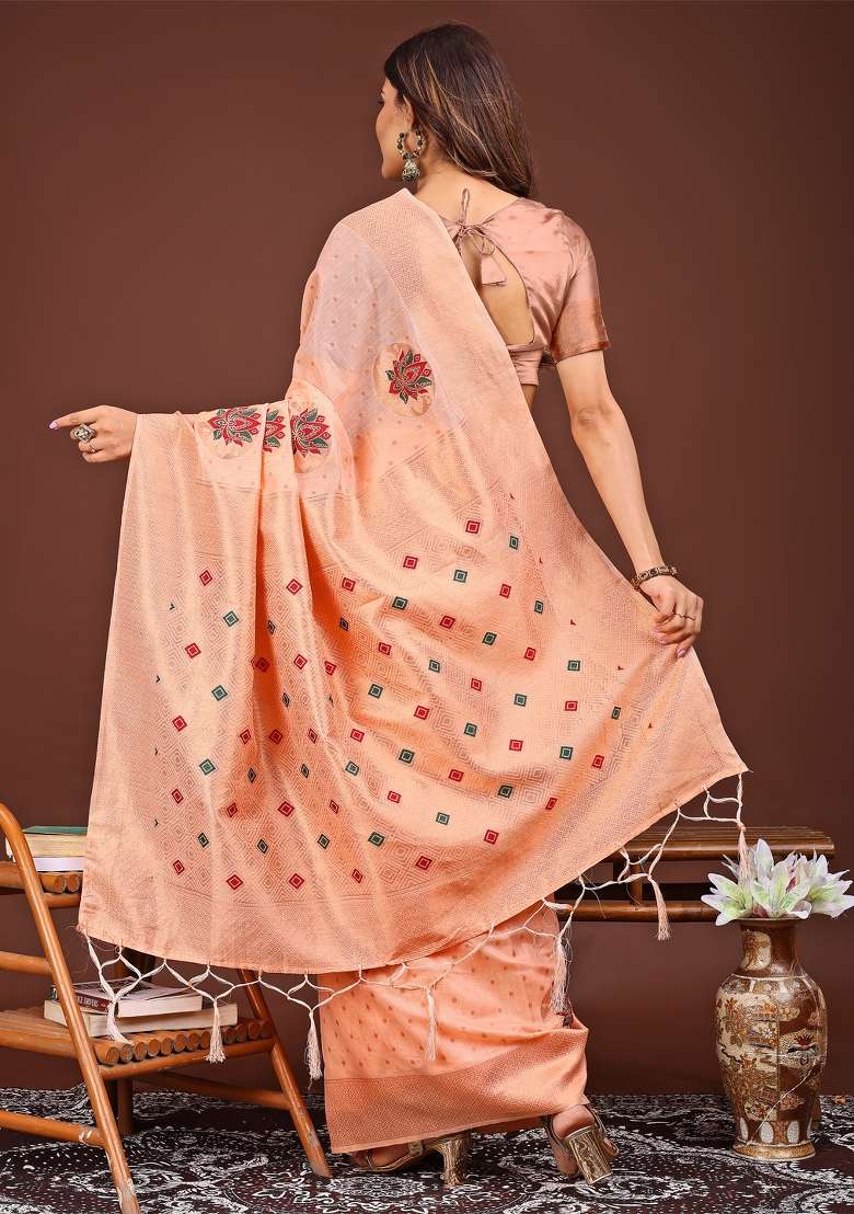 Peach Woven Cotton Blend Saree Set - Indya