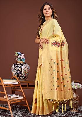 Yellow Woven Cotton Blend Saree Set