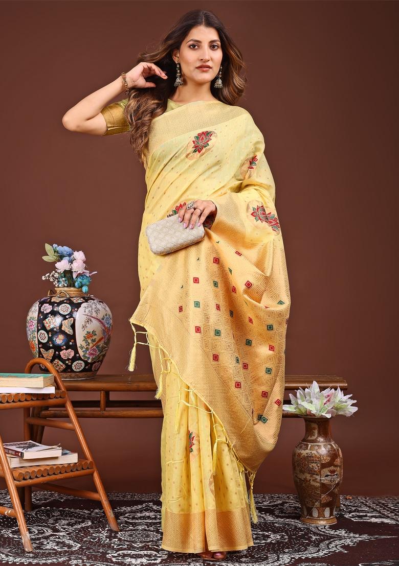 Yellow Woven Cotton Blend Saree Set