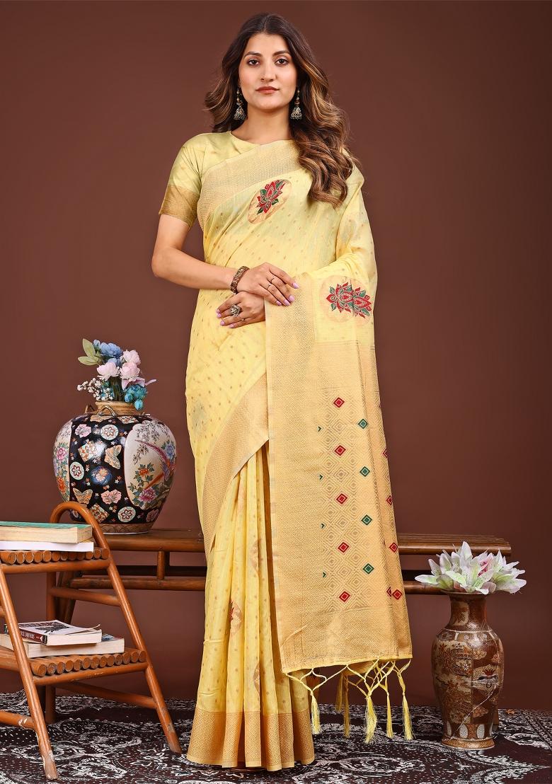 Yellow Woven Cotton Blend Saree Set