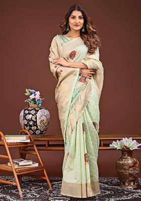 Light Green Woven Cotton Blend Saree Set