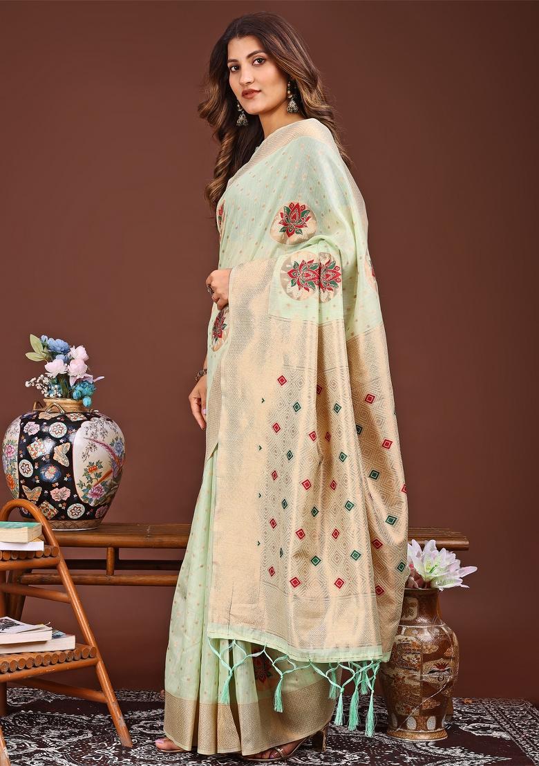 Light Green Woven Cotton Blend Saree Set
