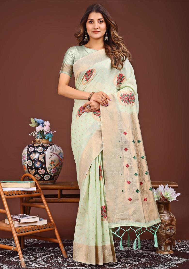 Light Green Woven Cotton Blend Saree Set