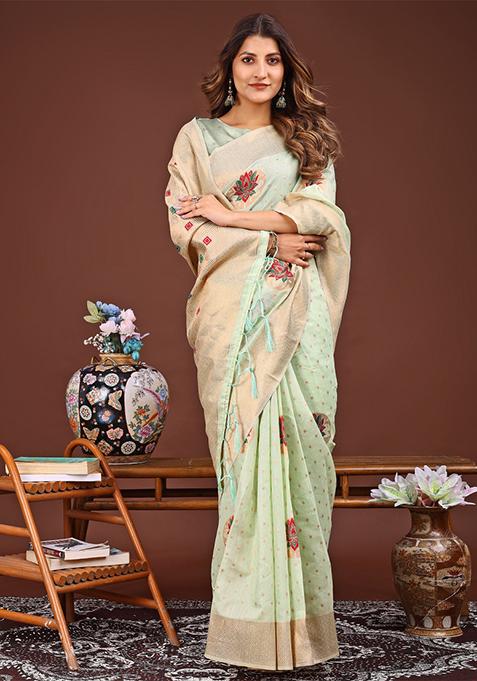 Light Green Woven Cotton Blend Saree Set