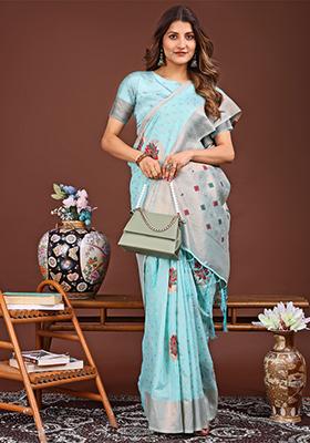 Sky Blue Woven Cotton Blend Saree Set