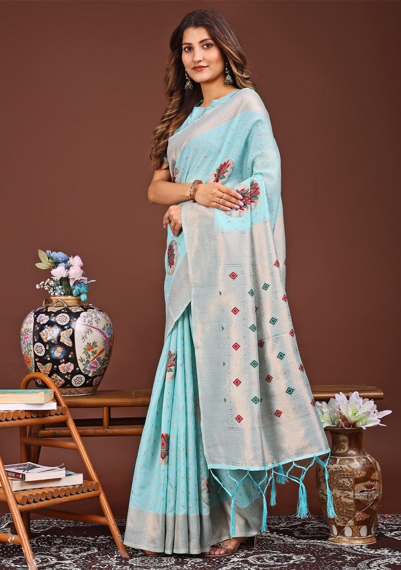Sky Blue Woven Cotton Blend Saree Set