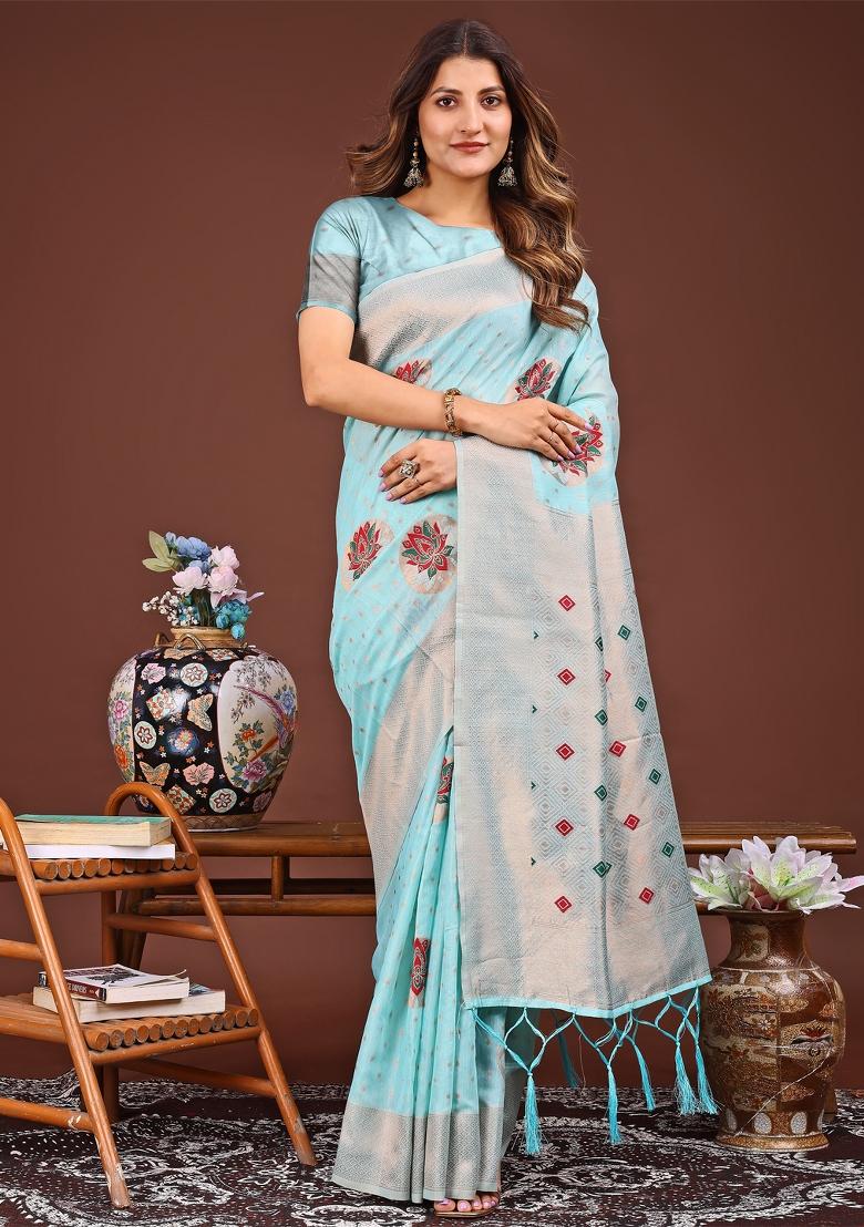 Sky Blue Woven Cotton Blend Saree Set