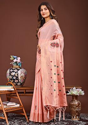 Pink Woven Cotton Blend Saree Set