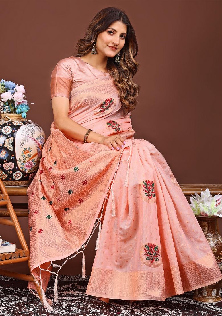 Pink Woven Cotton Blend Saree Set