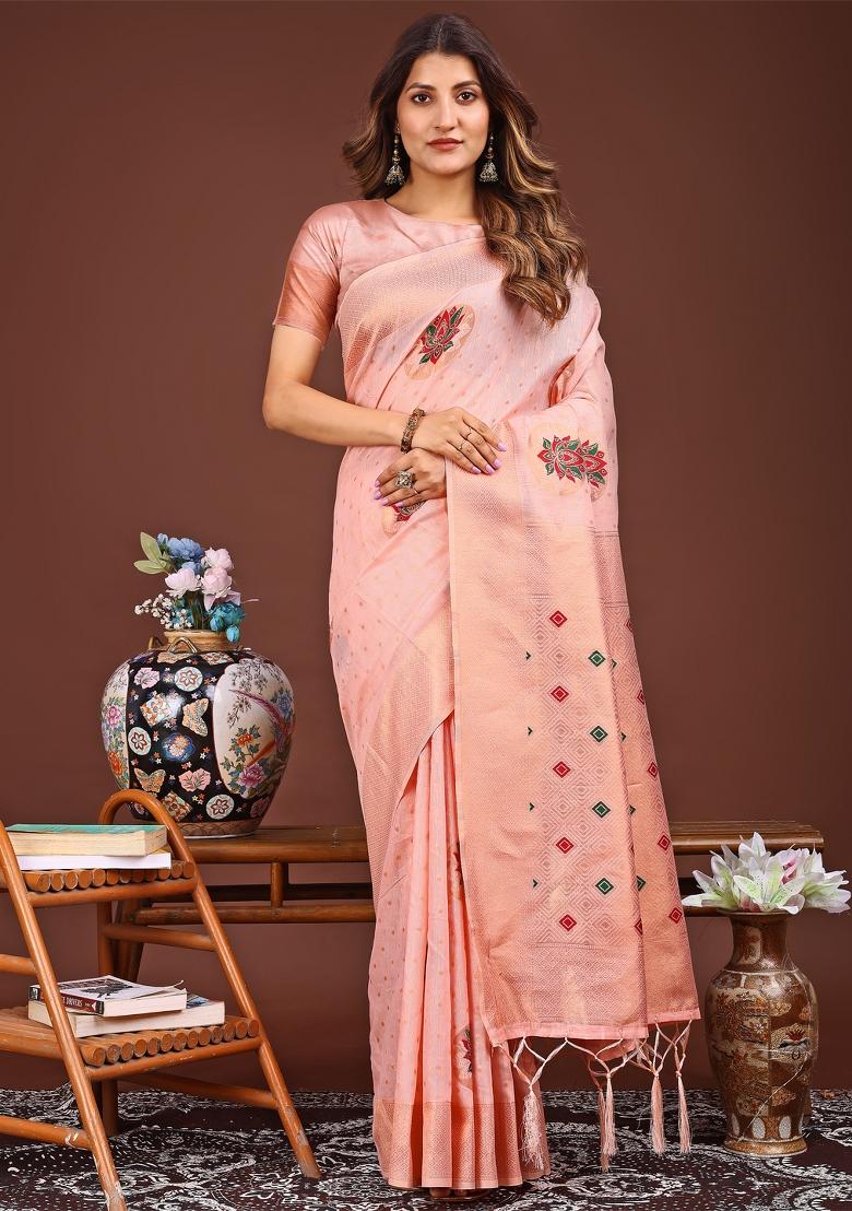 Pink Woven Cotton Blend Saree Set