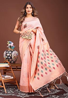 Peach Woven Cotton Blend Saree Set